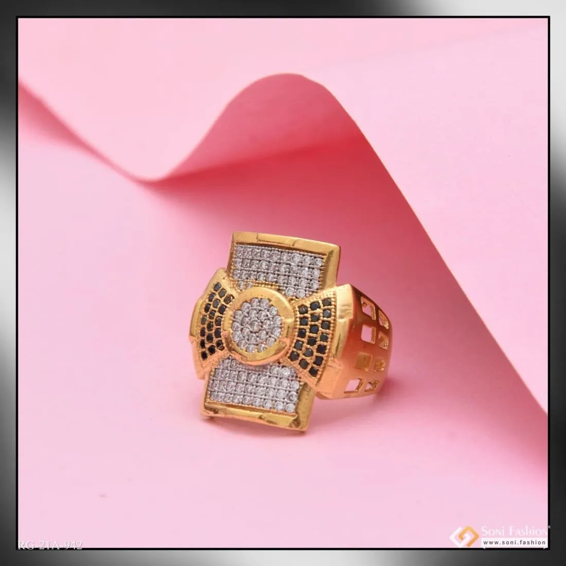 1 Gram Gold Forming Square with Diamond Artisanal Design Ring for Men - Style A942