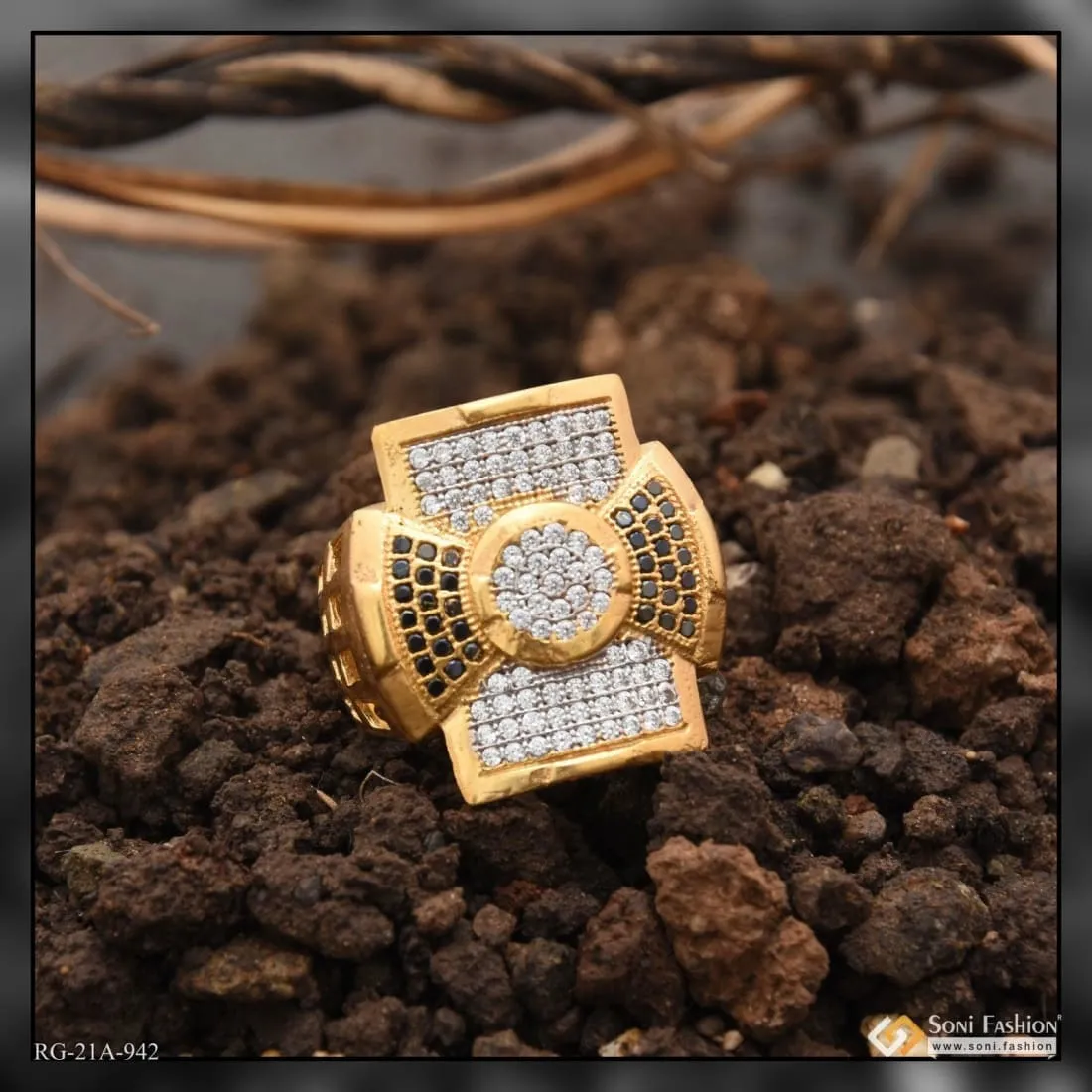 1 Gram Gold Forming Square with Diamond Artisanal Design Ring for Men - Style A942