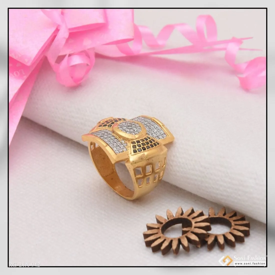 1 Gram Gold Forming Square with Diamond Artisanal Design Ring for Men - Style A942