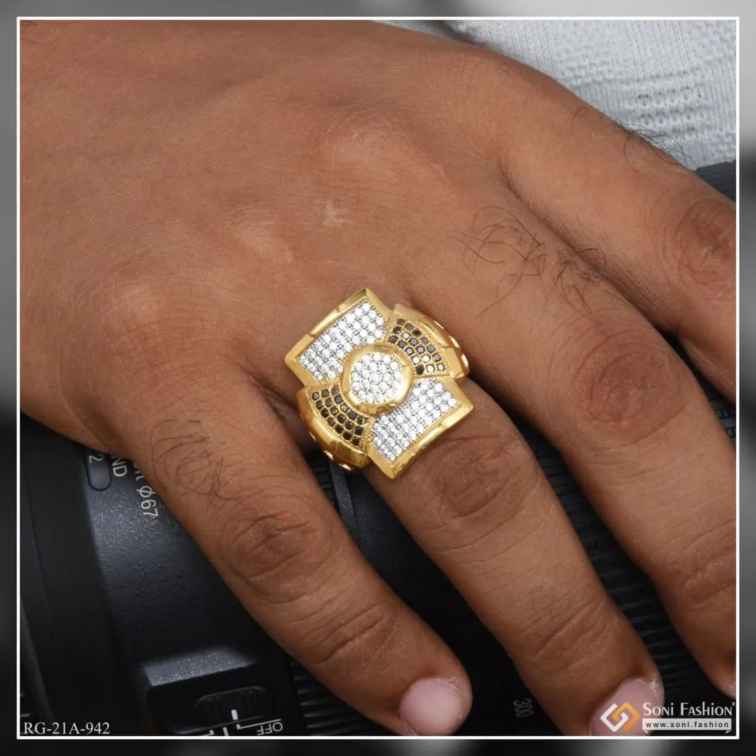1 Gram Gold Forming Square with Diamond Artisanal Design Ring for Men - Style A942