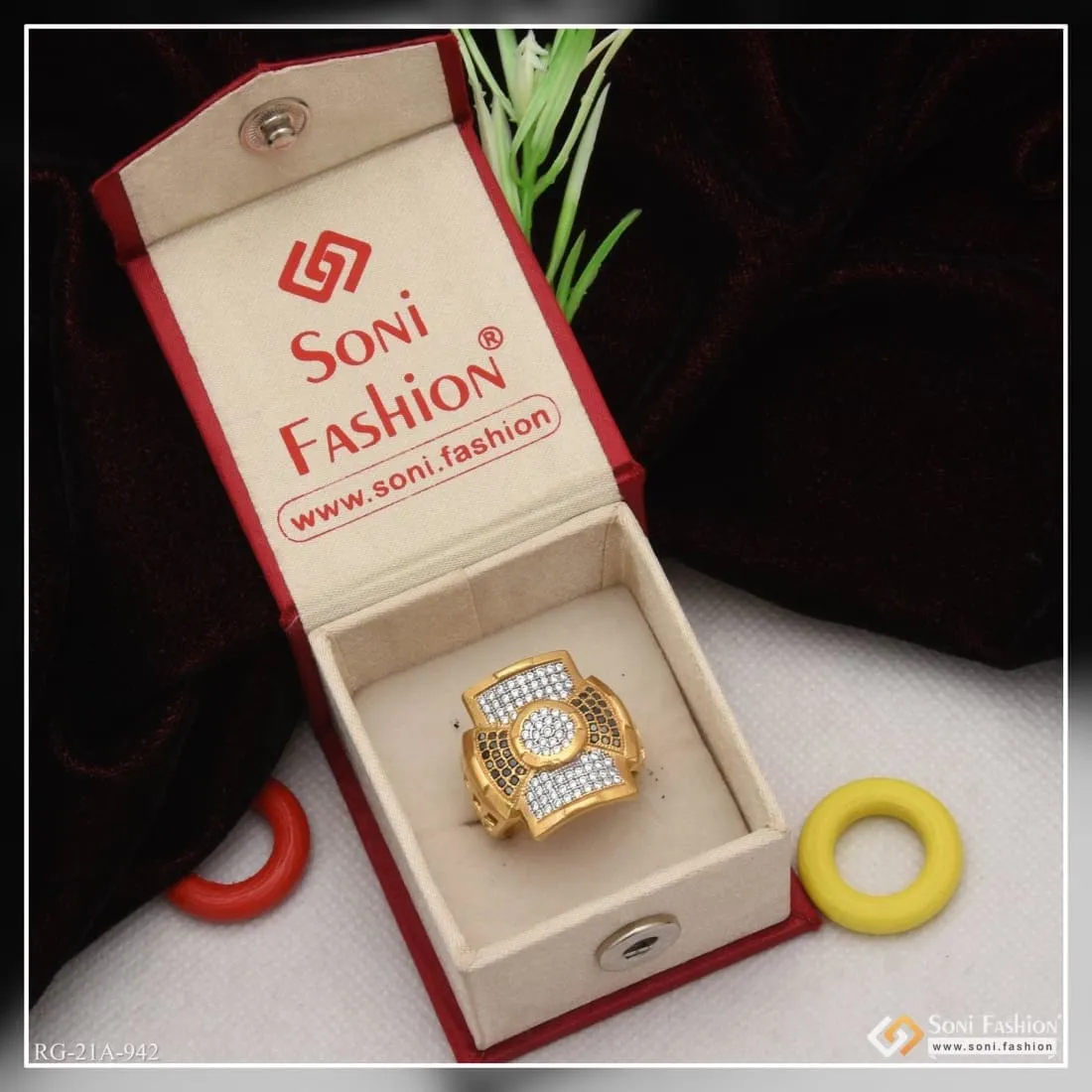 1 Gram Gold Forming Square with Diamond Artisanal Design Ring for Men - Style A942