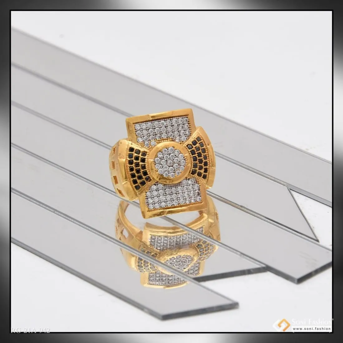 1 Gram Gold Forming Square with Diamond Artisanal Design Ring for Men - Style A942