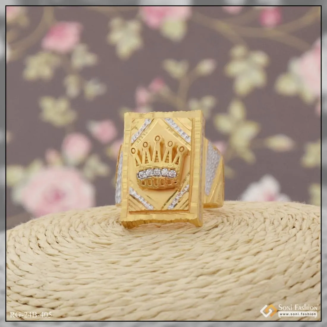 1 Gram Gold Plated Crown with Diamond Glamorous Design Ring for Men - Style B405