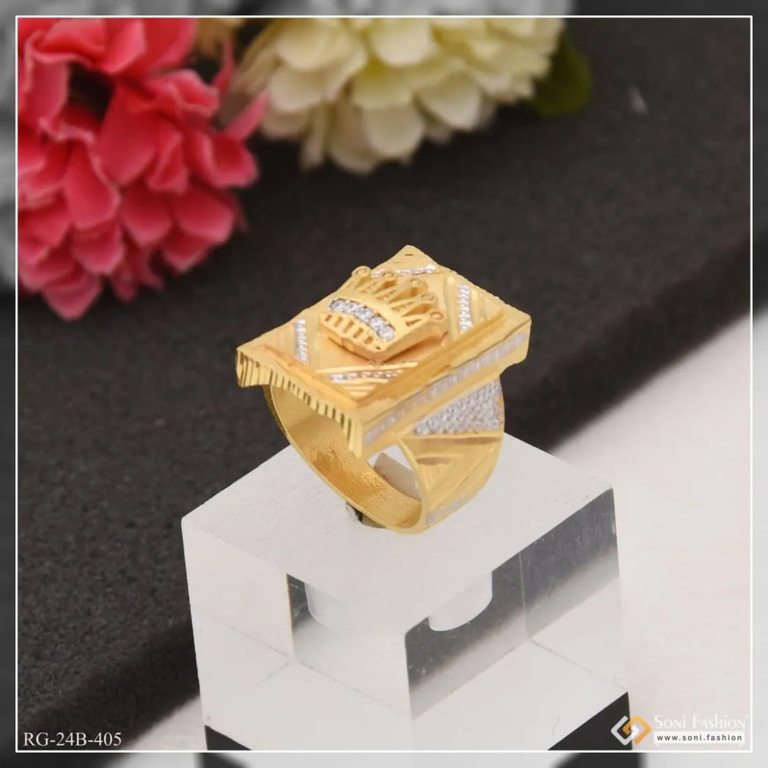1 Gram Gold Plated Crown with Diamond Glamorous Design Ring for Men - Style B405
