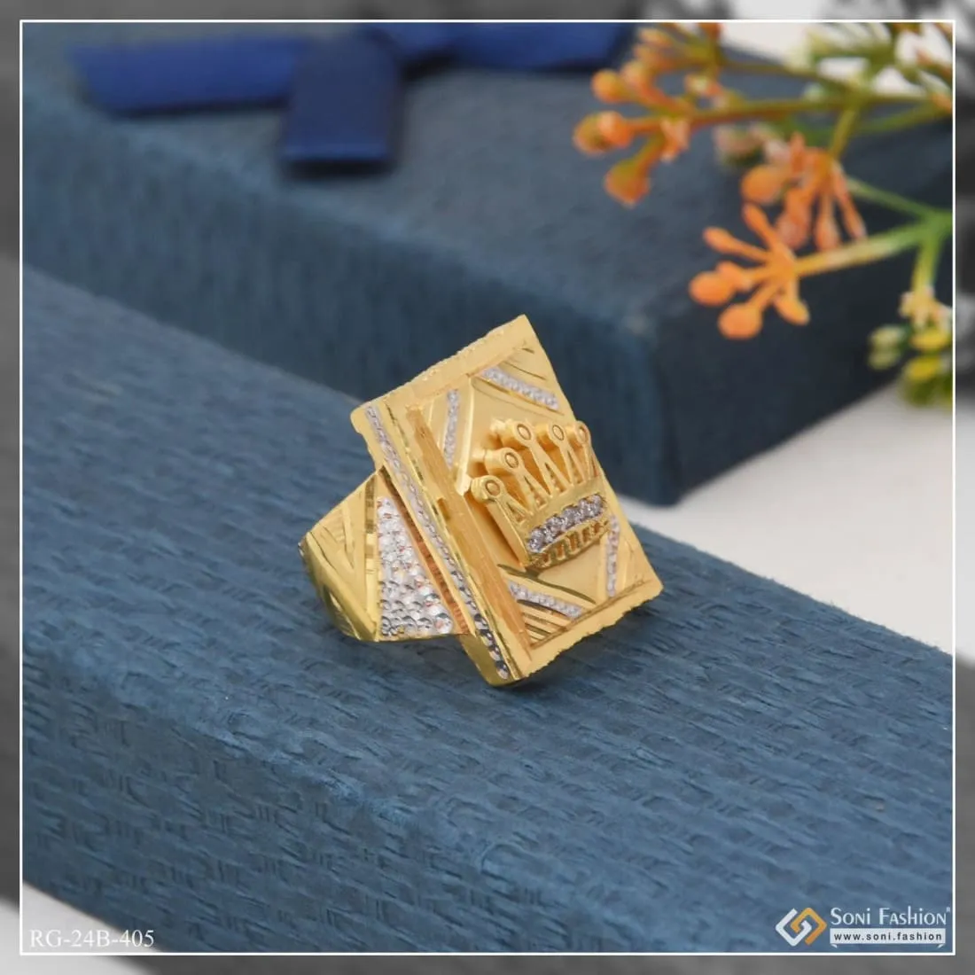 1 Gram Gold Plated Crown with Diamond Glamorous Design Ring for Men - Style B405