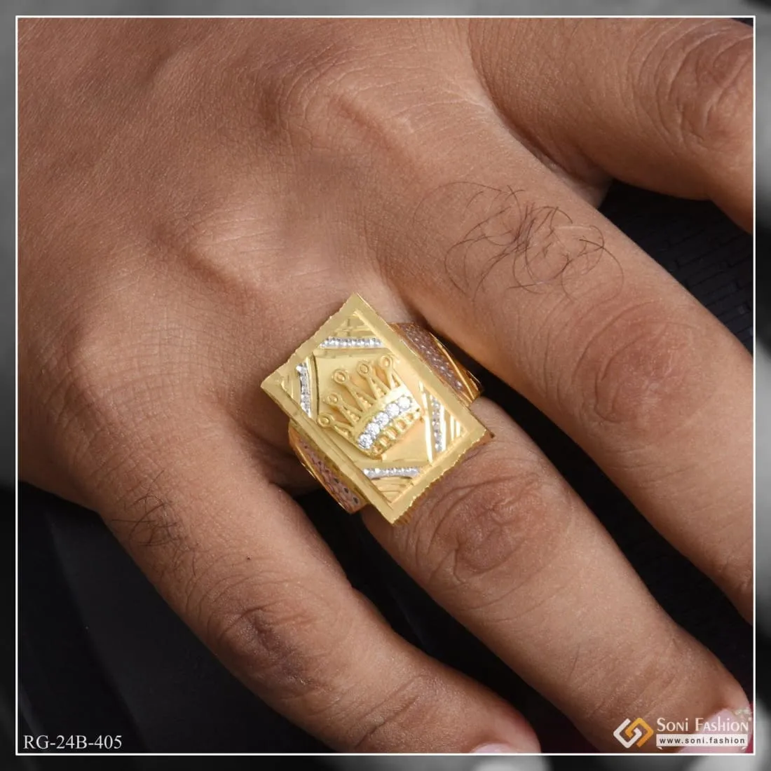 1 Gram Gold Plated Crown with Diamond Glamorous Design Ring for Men - Style B405