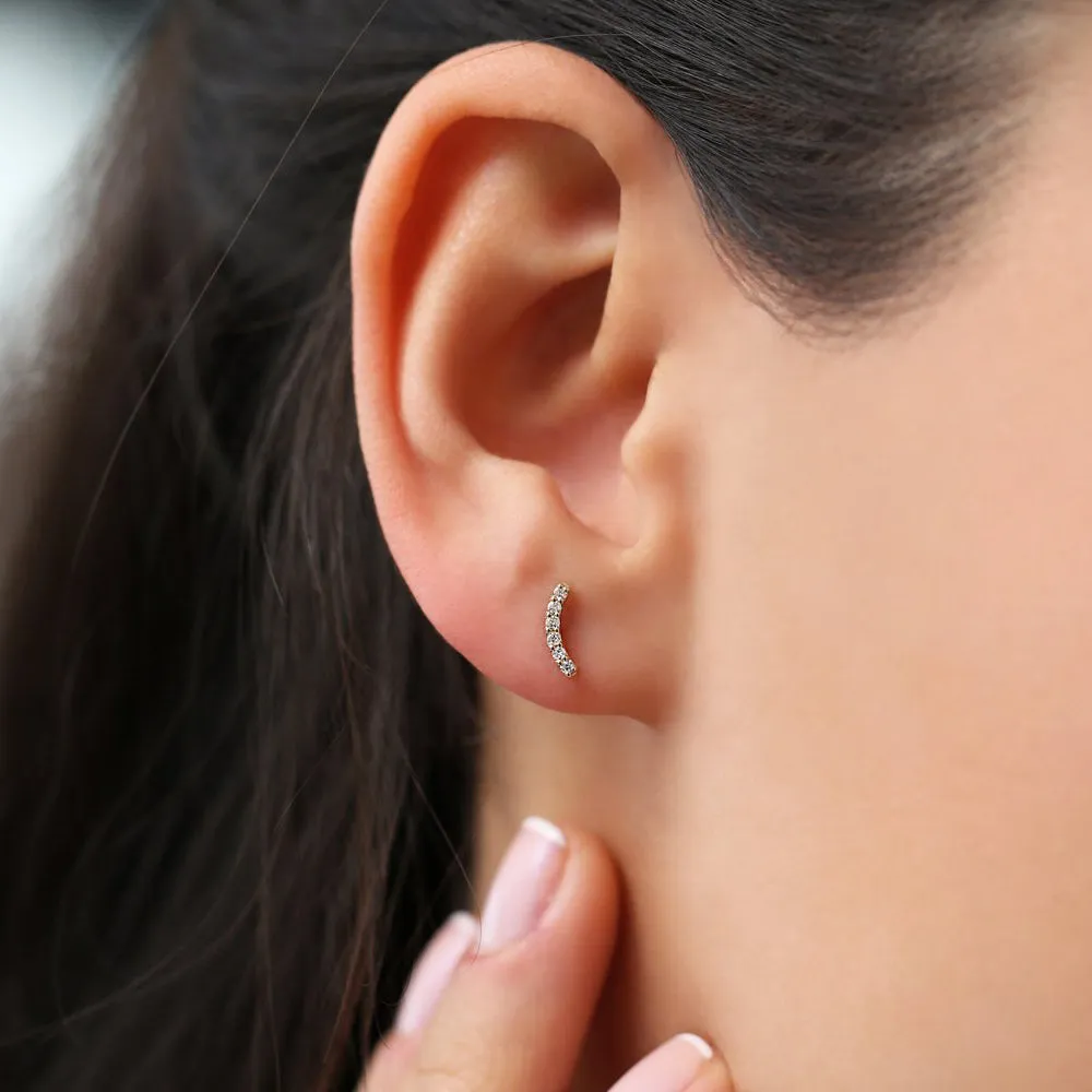 14K Gold Diamond Curved Bar Stud Earrings