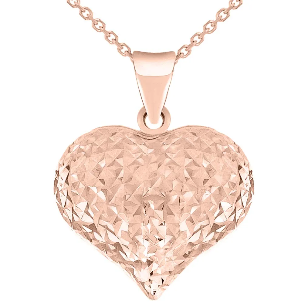 14k Rose Gold Sparkle Cut Puffed Heart Charm Pendant Necklace