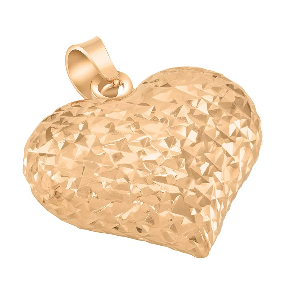14k Rose Gold Sparkle Cut Puffed Heart Charm Pendant Necklace
