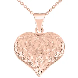 14k Rose Gold Sparkle Cut Puffed Heart Charm Pendant Necklace