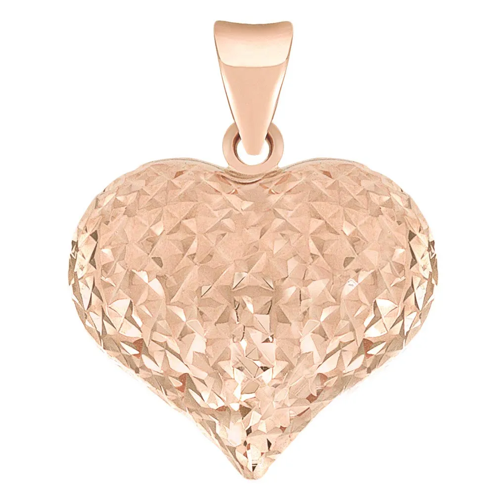 14k Rose Gold Sparkle Cut Puffed Heart Charm Pendant Necklace