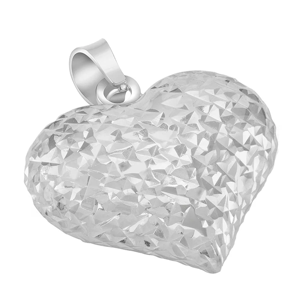 14k White Gold Sparkle Cut Puffed Heart Charm Pendant Necklace