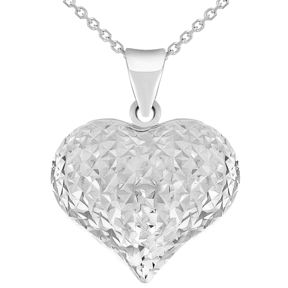 14k White Gold Sparkle Cut Puffed Heart Charm Pendant Necklace