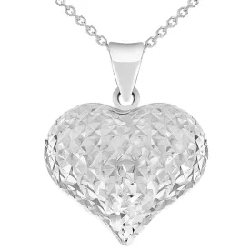 14k White Gold Sparkle Cut Puffed Heart Charm Pendant Necklace