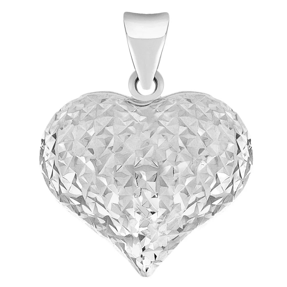14k White Gold Sparkle Cut Puffed Heart Charm Pendant Necklace