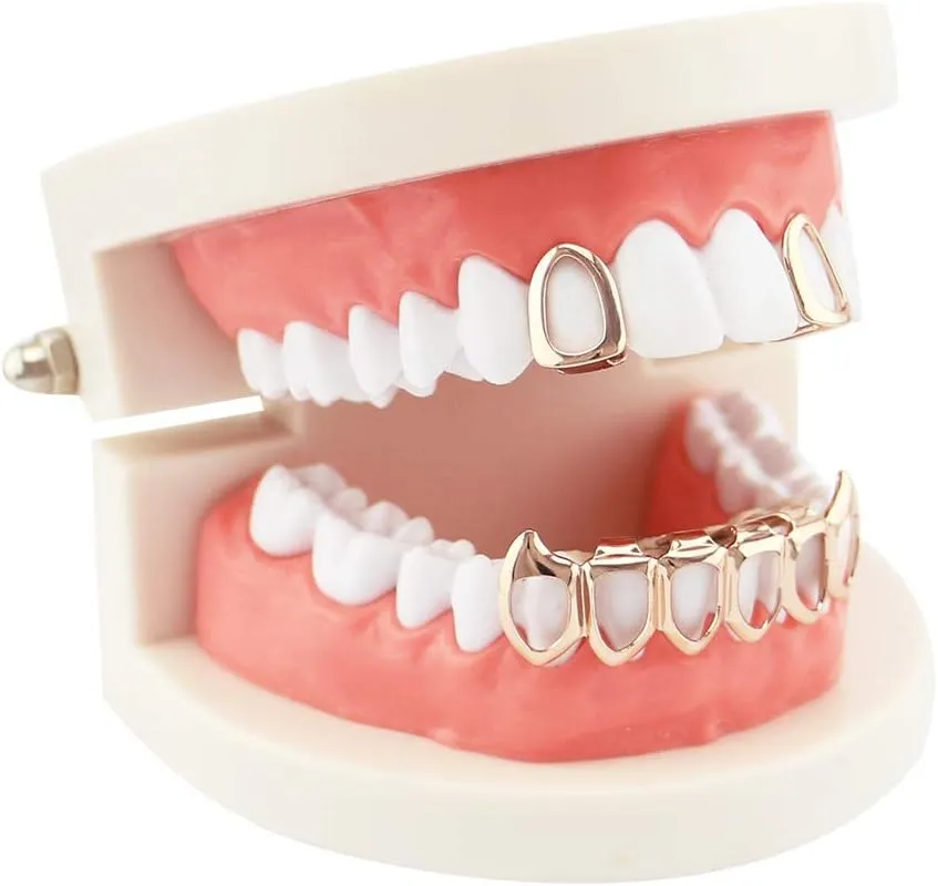 18K Gold Plated Hip Hop Teeth Grillz Caps Open Face 2pcs Single Top and Bottom Grills for Your Teeth Grillz Set for Men Women
