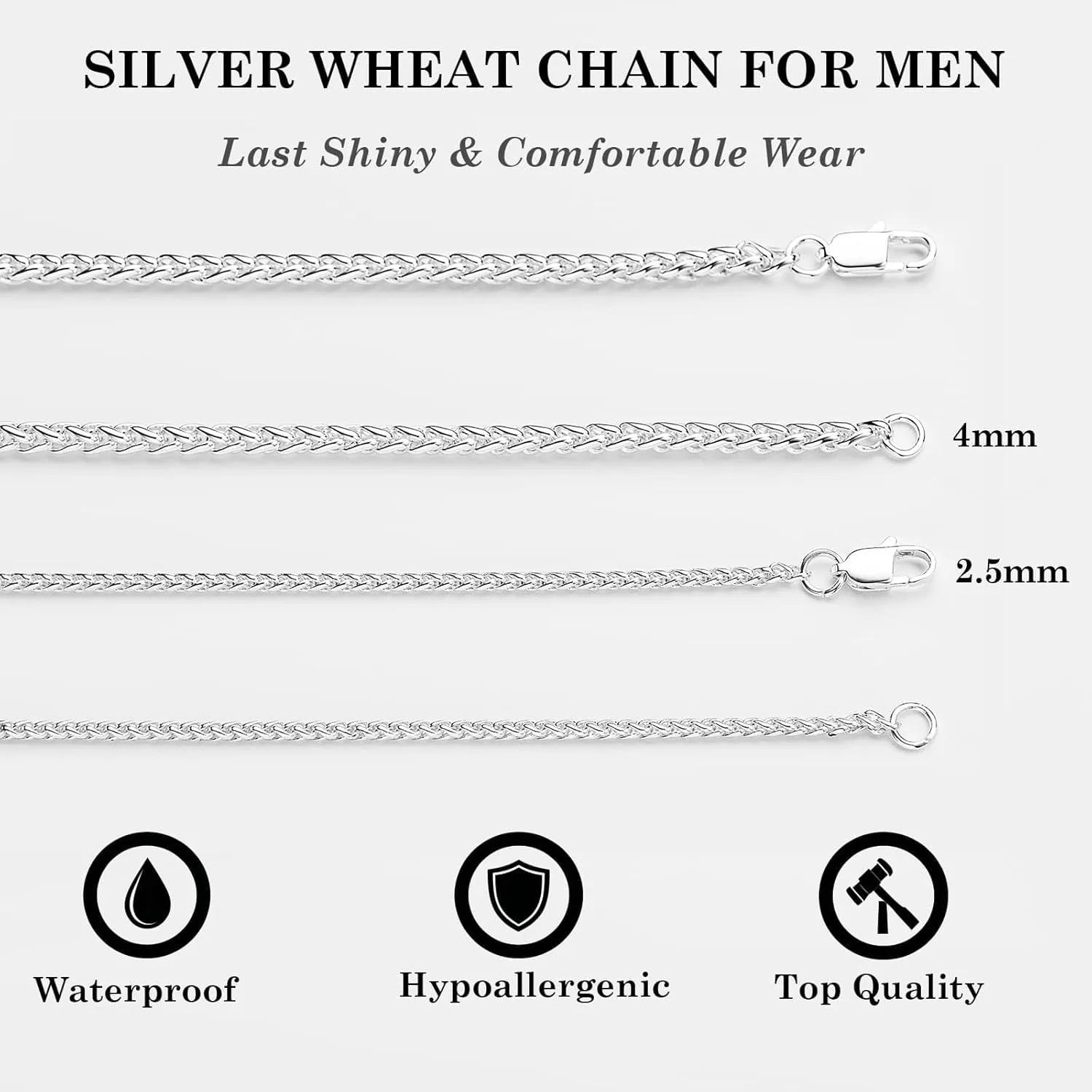 2.5mm/4mm Silver Wheat Chain for Men Women, Mens Silver Plated Over Stainless Steel Wheat Chain