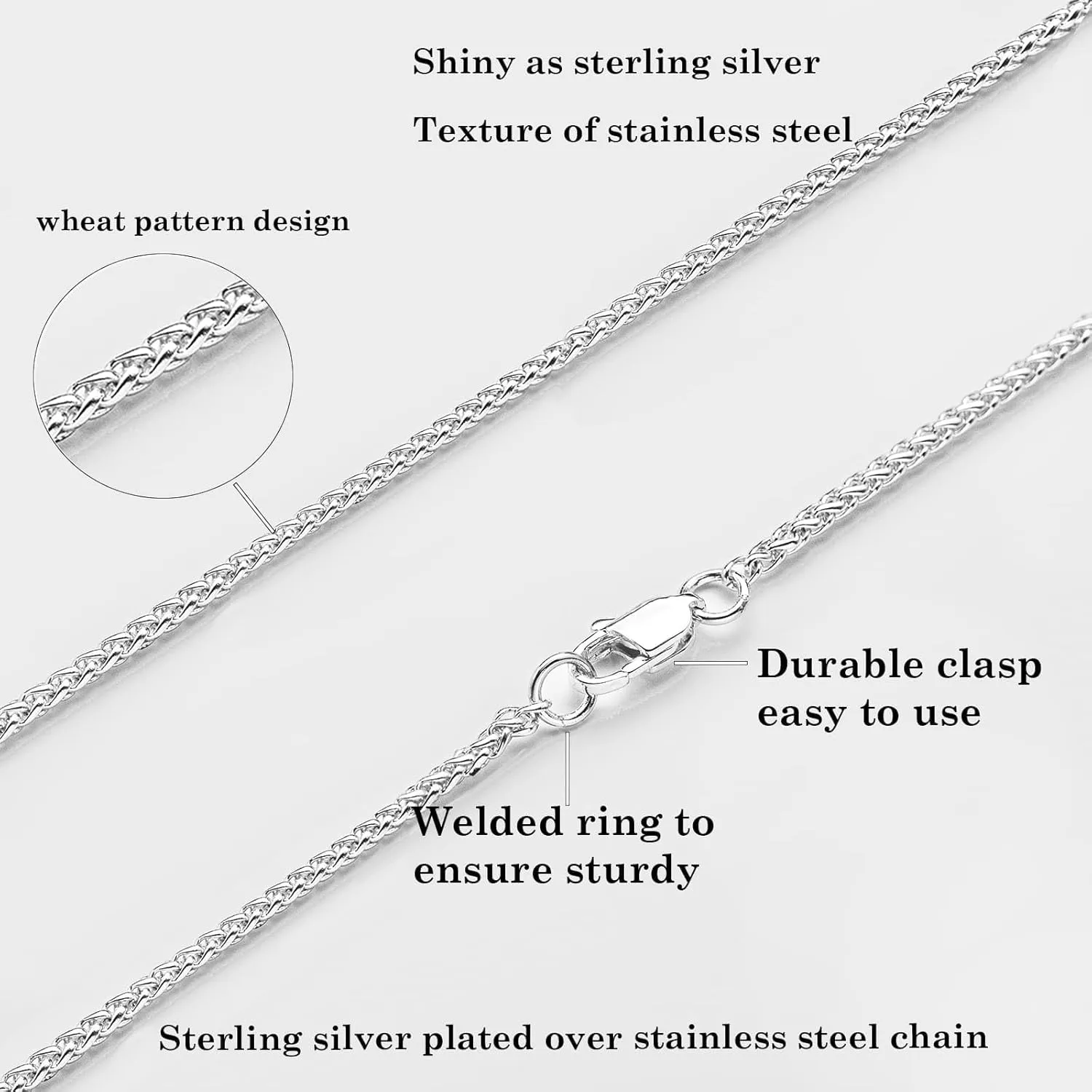 2.5mm/4mm Silver Wheat Chain for Men Women, Mens Silver Plated Over Stainless Steel Wheat Chain