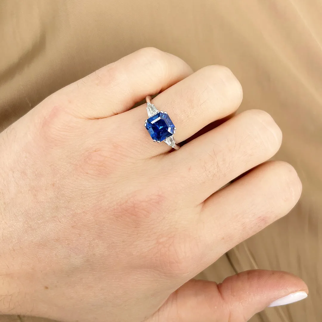 3ct Asscher Sapphire & Diamond Three Stone 14K Gold Ring