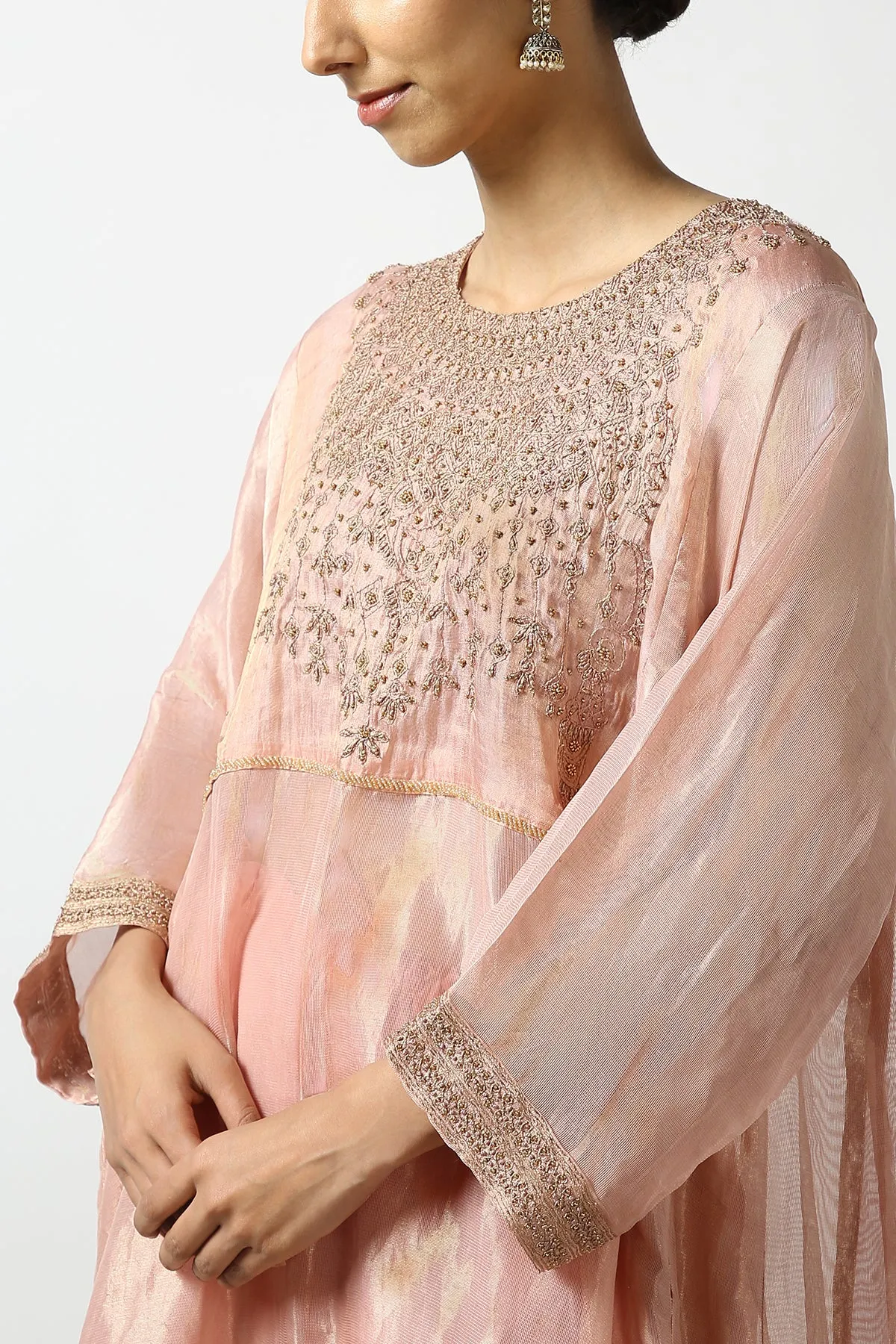 Banaras Tissue Top with Gold Beadwork Yoke. Kanchi cotton Pant
