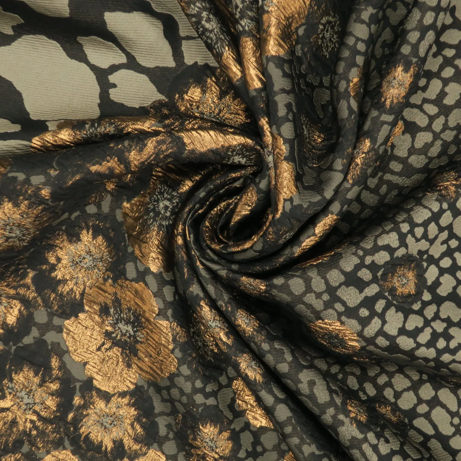 Black and Bronze Florals on Beige Background Brocade Fabric