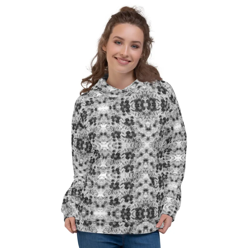 Black Floral Print Unisex Hoodie, Flower Print Unisex Premium Quality Hoodie-Made in EU/MX