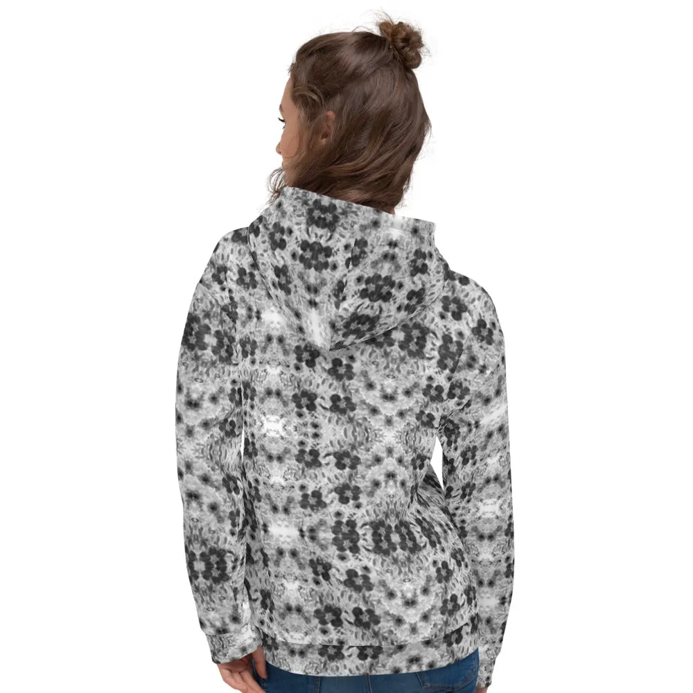 Black Floral Print Unisex Hoodie, Flower Print Unisex Premium Quality Hoodie-Made in EU/MX