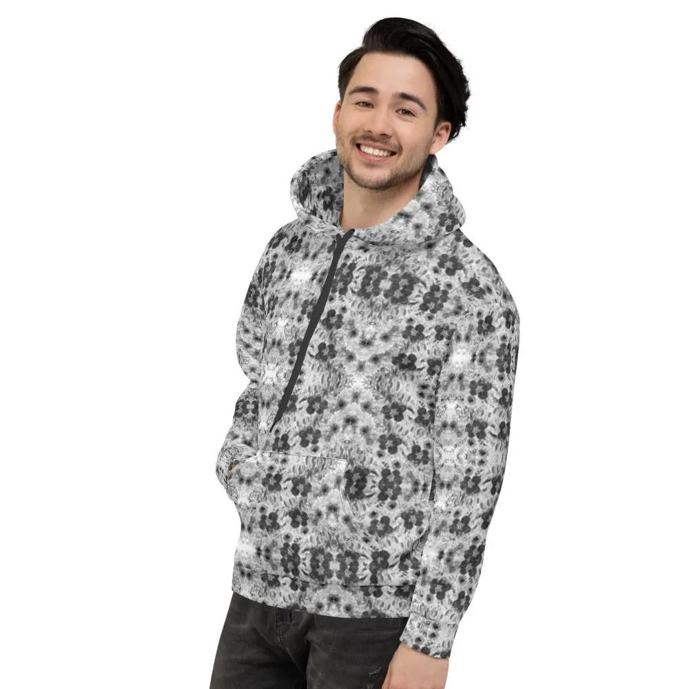 Black Floral Print Unisex Hoodie, Flower Print Unisex Premium Quality Hoodie-Made in EU/MX