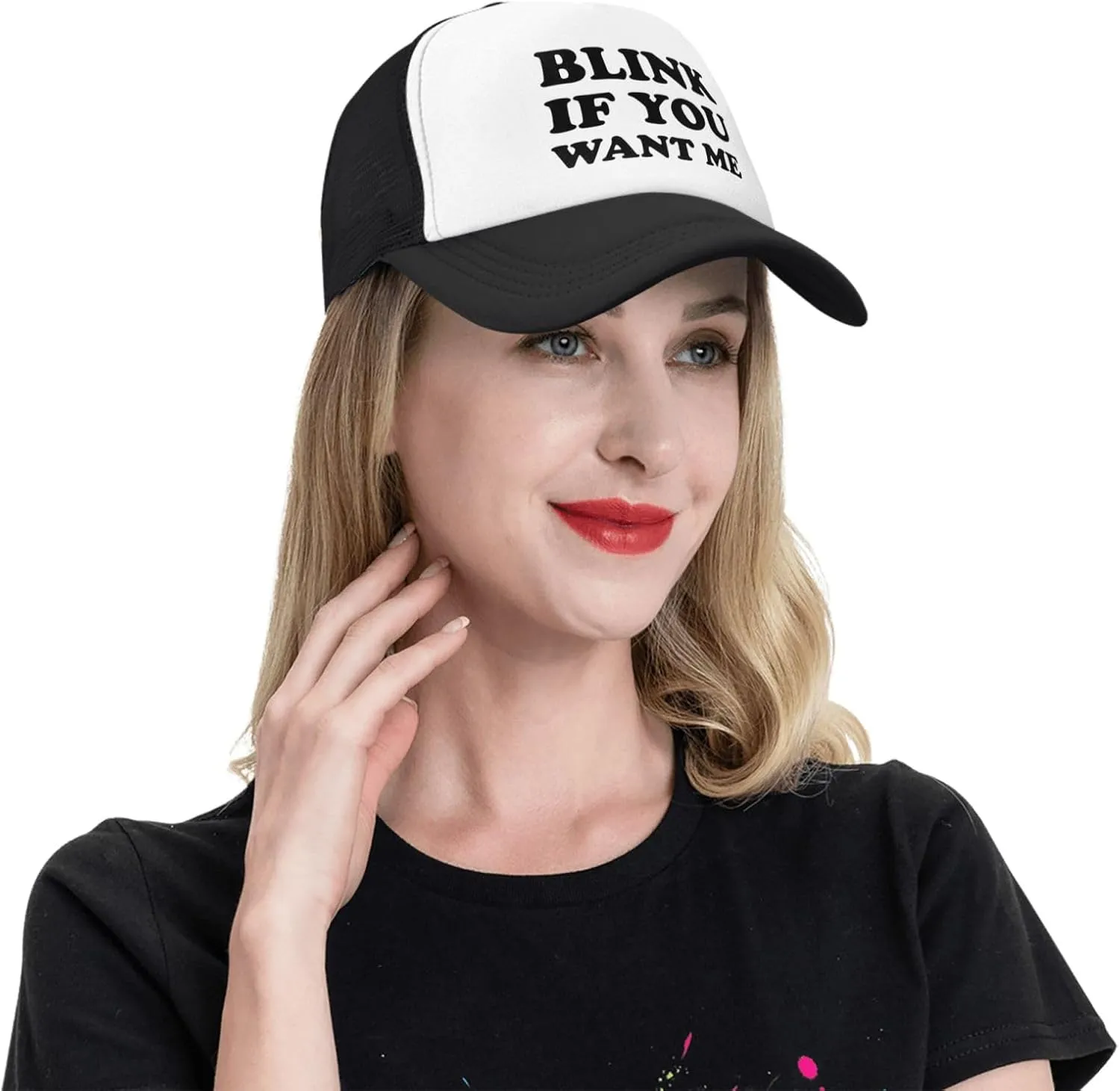 Blink If You Want Me Funny Adjustable Mesh Trucker Hat Sport Baseball Cap Men Women Gift Dad Hat Fishing Cap Black