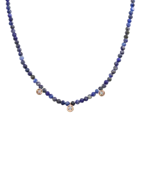 Blue Lapis Gemstone & Three diamonds Necklace - 14K Rose Gold