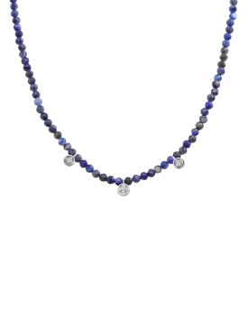 Blue Lapis Gemstone & Three diamonds Necklace - 14K White Gold