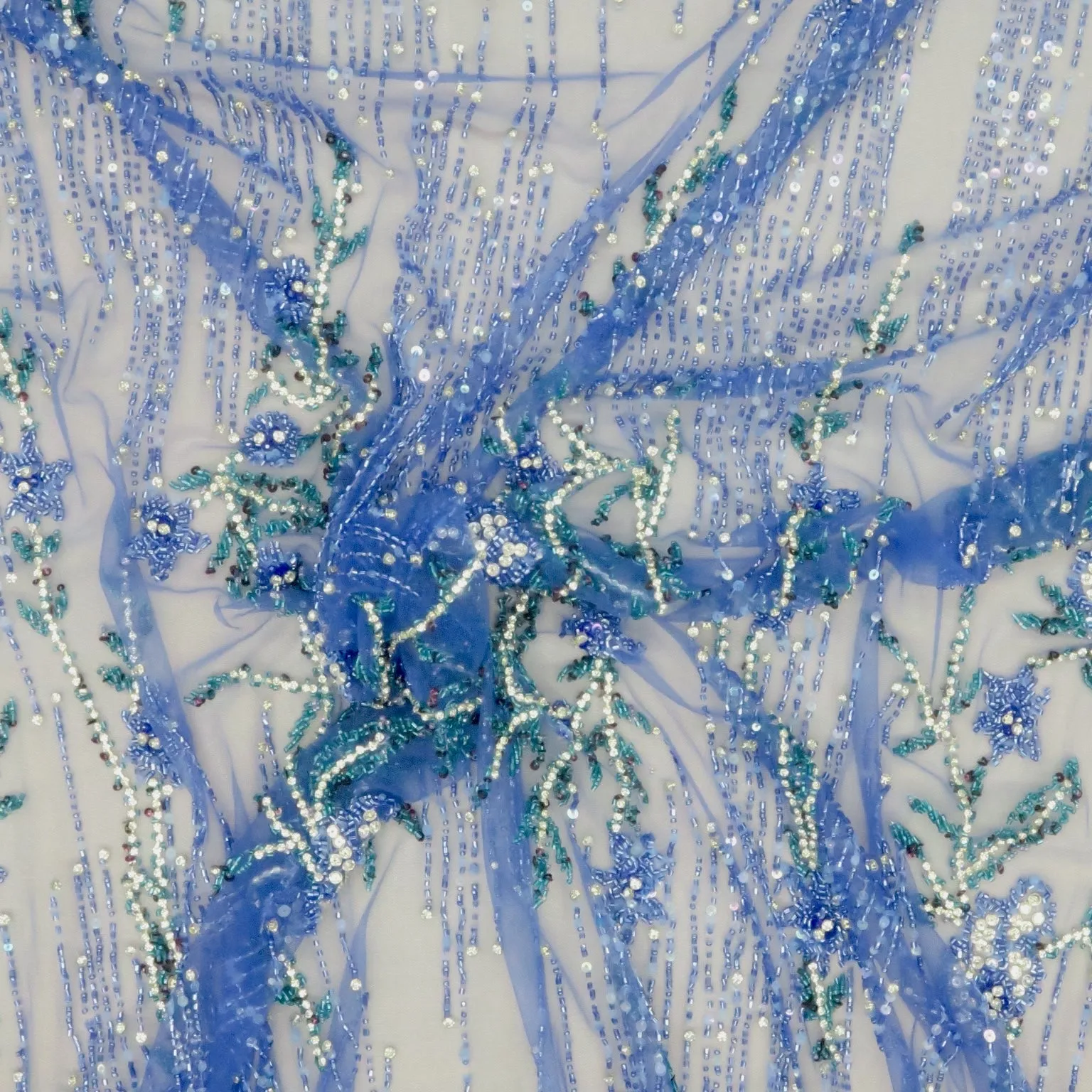 Blue Tulle With Blue and Aqua Floral Bugle Beads and Rhinestones Design Embroidered Fabric