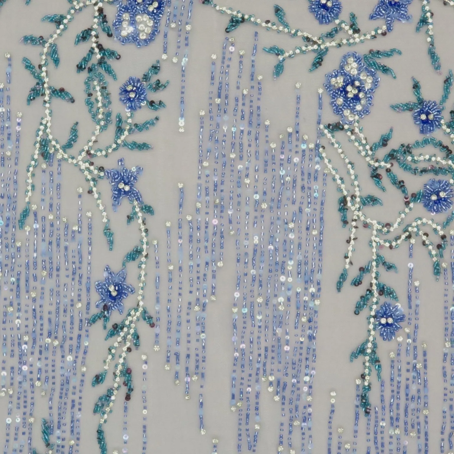 Blue Tulle With Blue and Aqua Floral Bugle Beads and Rhinestones Design Embroidered Fabric