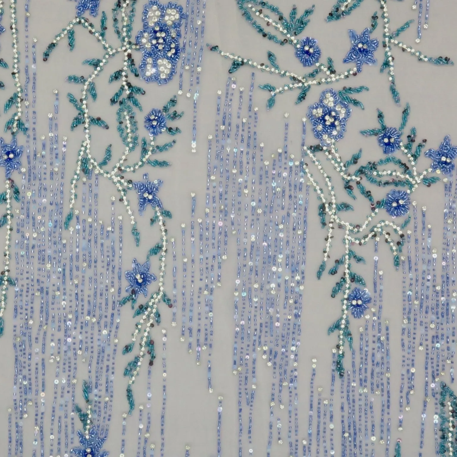 Blue Tulle With Blue and Aqua Floral Bugle Beads and Rhinestones Design Embroidered Fabric