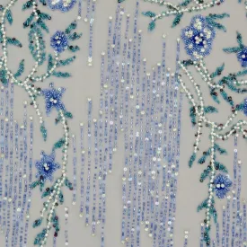 Blue Tulle With Blue and Aqua Floral Bugle Beads and Rhinestones Design Embroidered Fabric