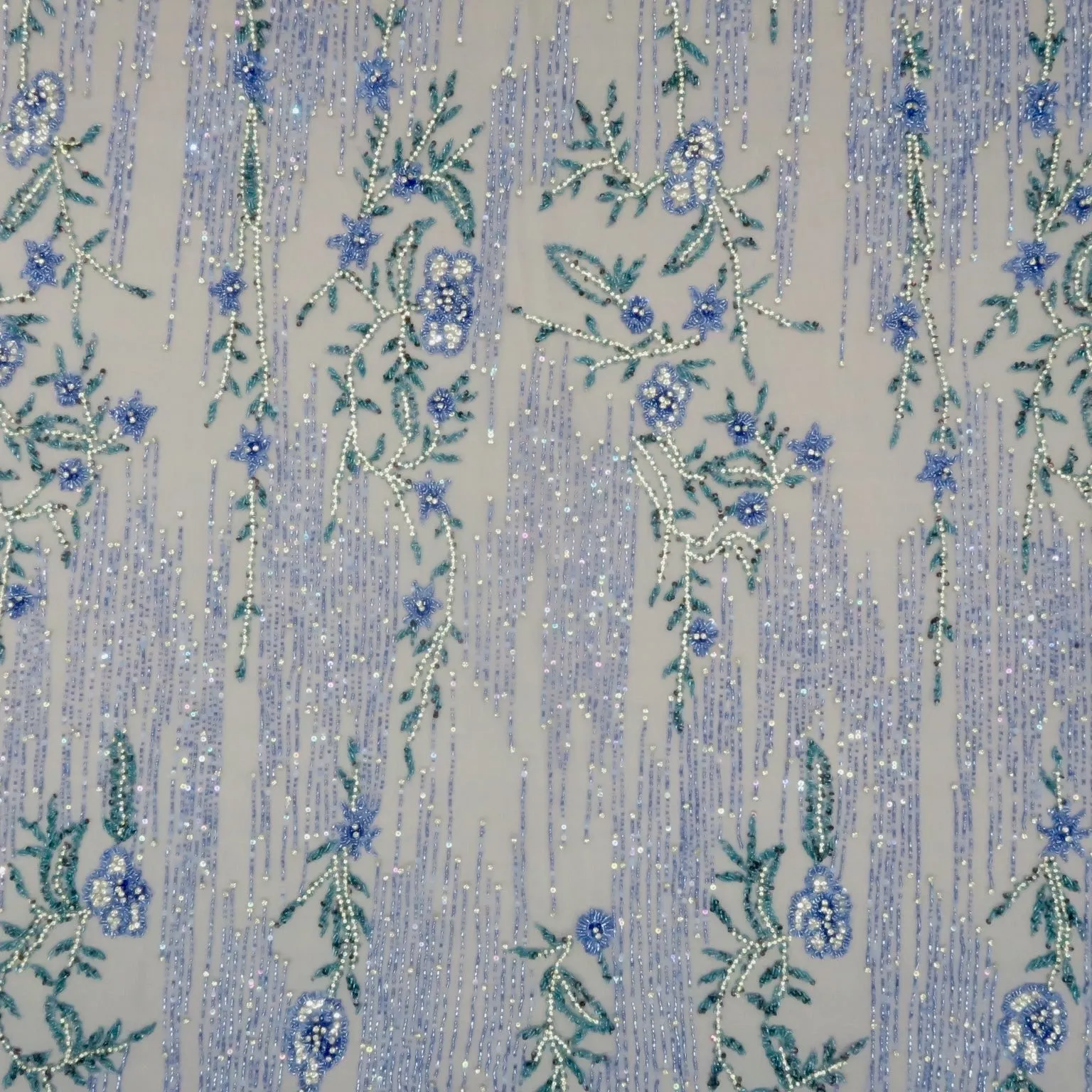 Blue Tulle With Blue and Aqua Floral Bugle Beads and Rhinestones Design Embroidered Fabric