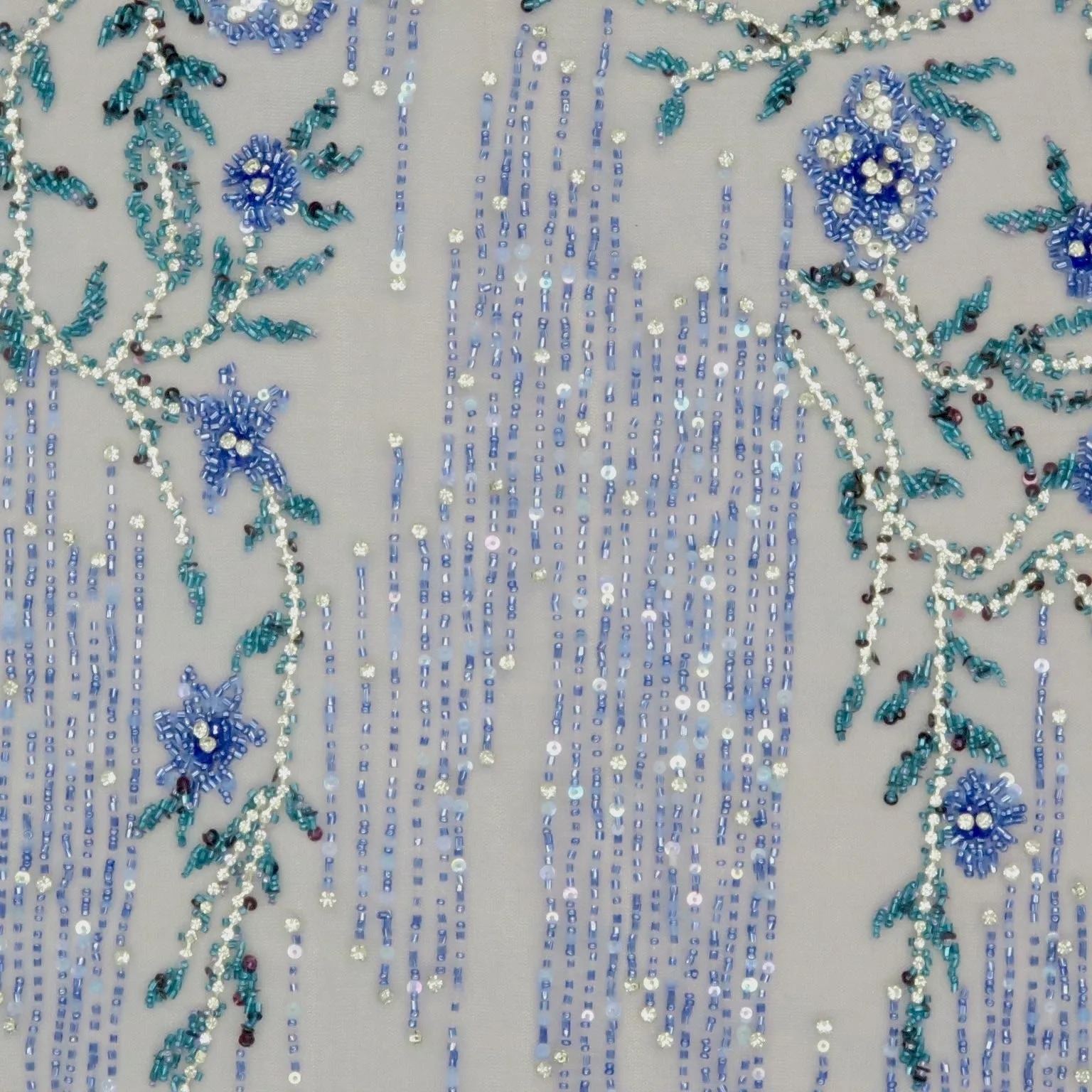 Blue Tulle With Blue and Aqua Floral Bugle Beads and Rhinestones Design Embroidered Fabric