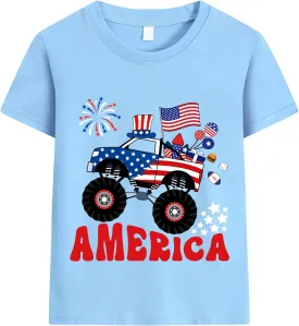Boys 4th of July T-Shirt Kids American Tee Monster Trucks Tractor Independence Day Patriotic Tops Short Sleeve 2-7 Years