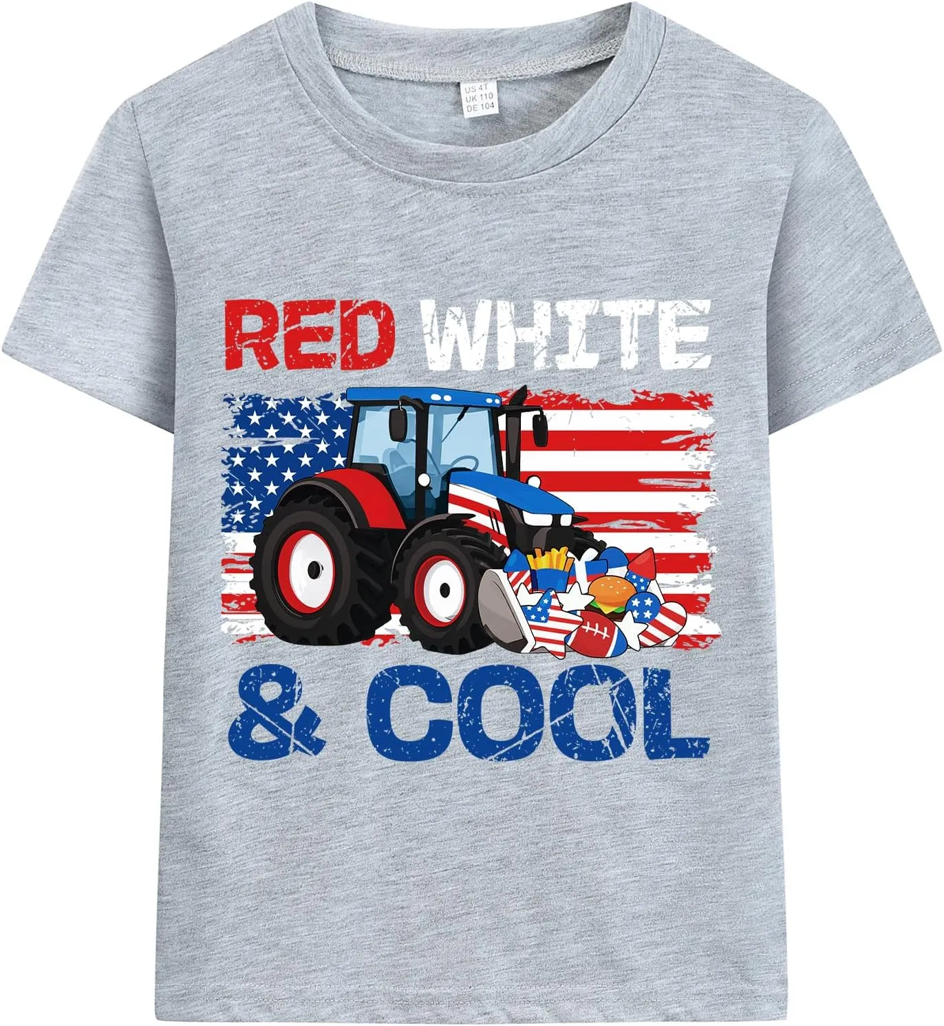 Boys 4th of July T-Shirt Kids American Tee Monster Trucks Tractor Independence Day Patriotic Tops Short Sleeve 2-7 Years