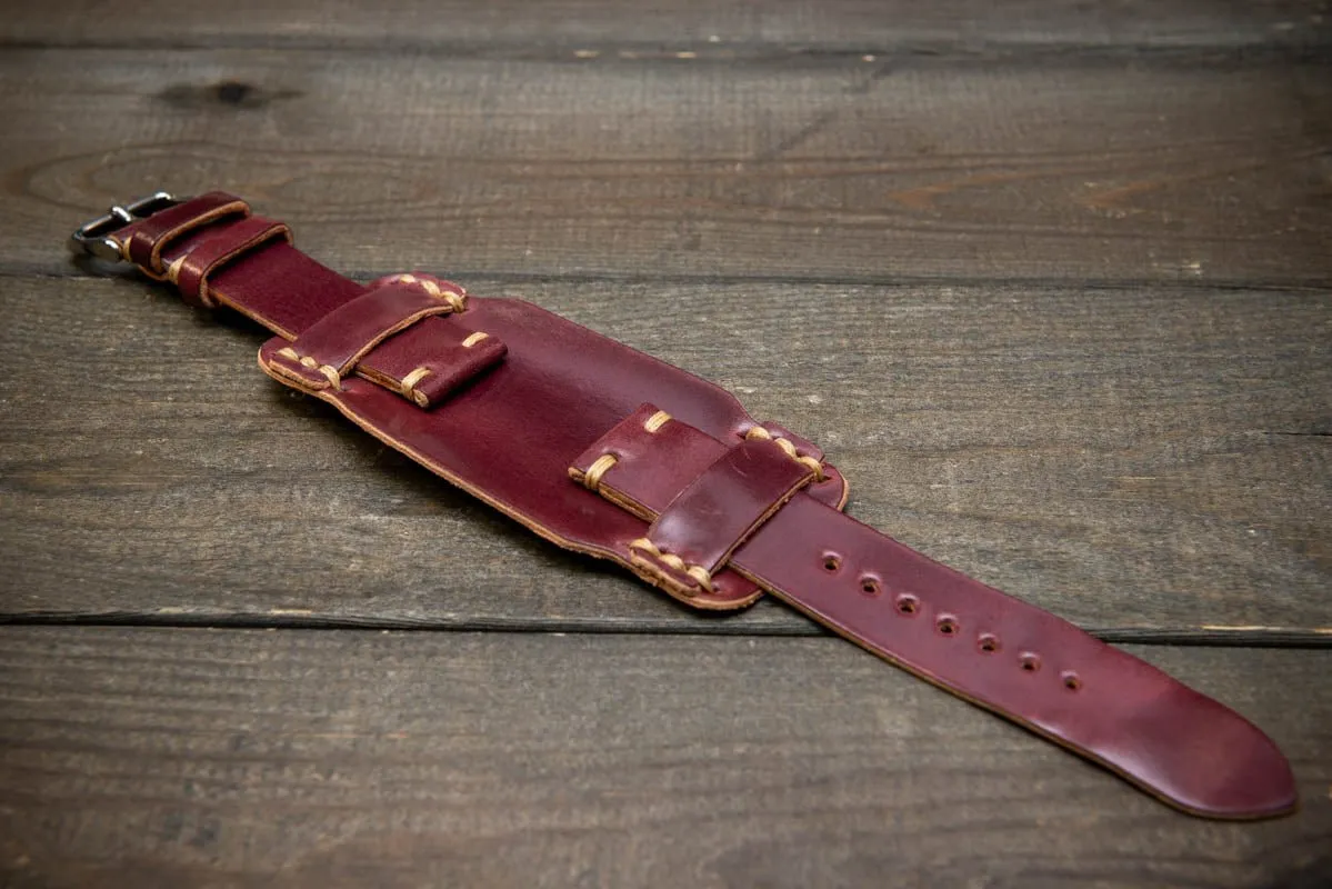 Bund-style Shell Cordovan watch strap, Aviator model. Handmade in Finland, 10-26 mm.