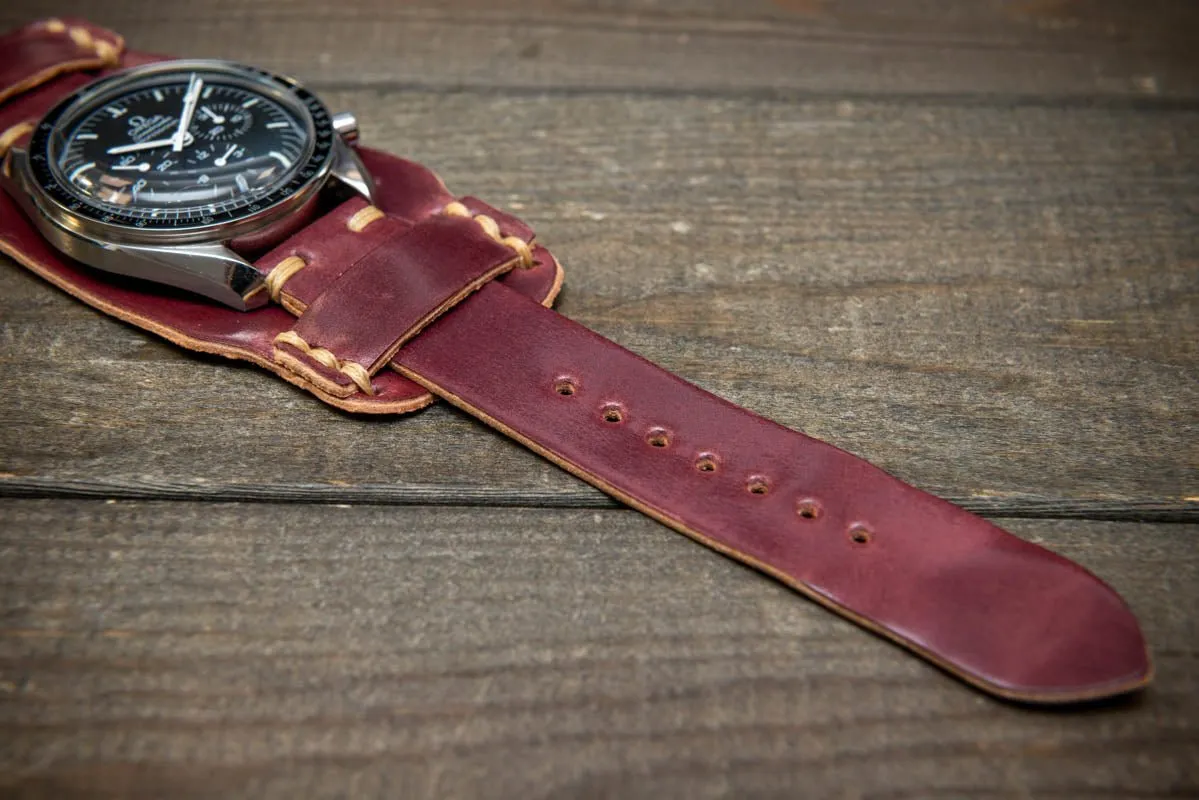 Bund-style Shell Cordovan watch strap, Aviator model. Handmade in Finland, 10-26 mm.