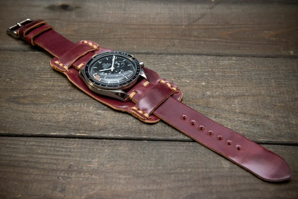 Bund-style Shell Cordovan watch strap, Aviator model. Handmade in Finland, 10-26 mm.