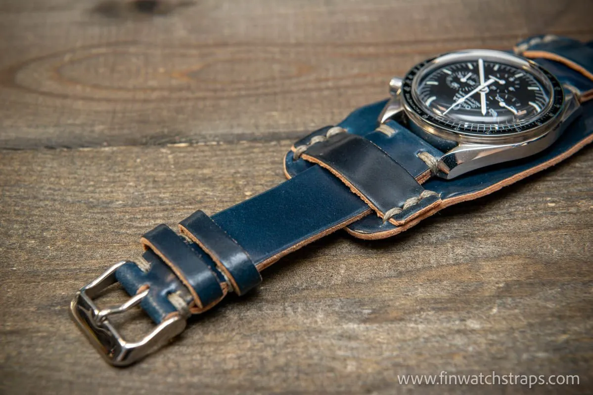 Bund-style Shell Cordovan watch strap, Aviator model. Handmade in Finland, 10-26 mm.