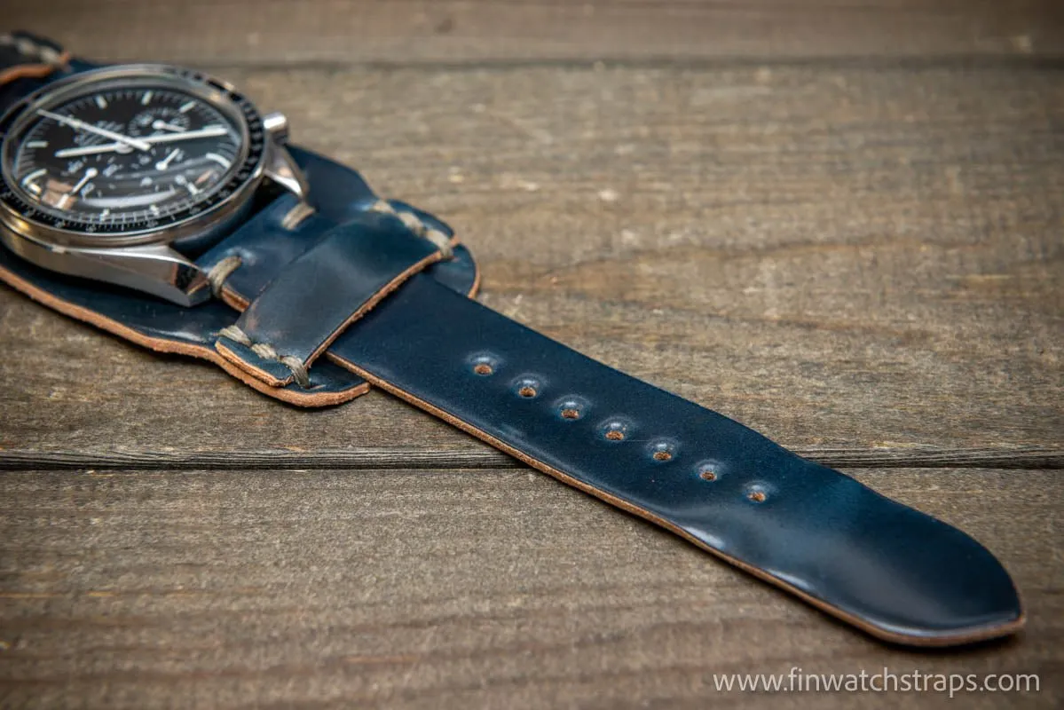 Bund-style Shell Cordovan watch strap, Aviator model. Handmade in Finland, 10-26 mm.