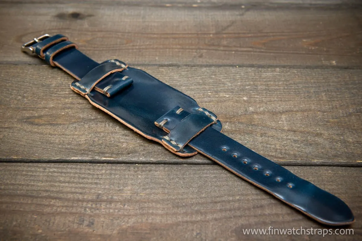 Bund-style Shell Cordovan watch strap, Aviator model. Handmade in Finland, 10-26 mm.
