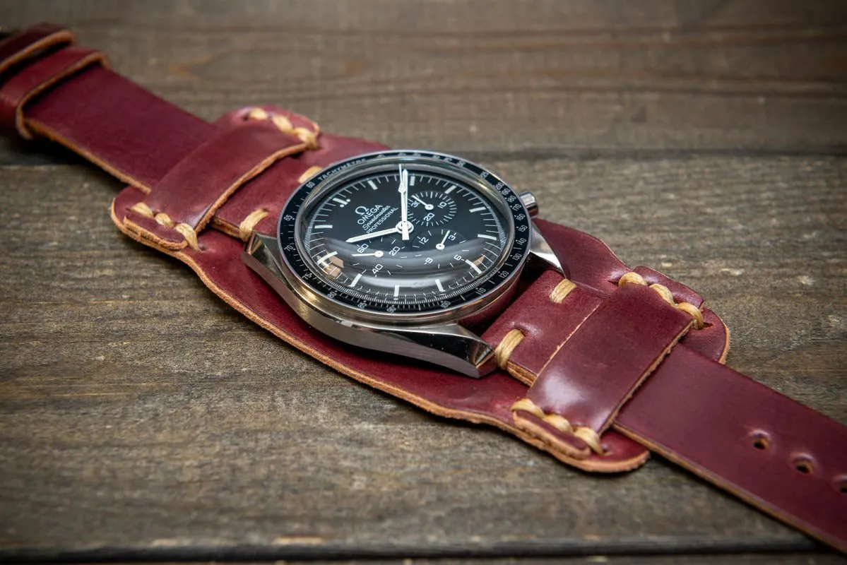 Bund-style Shell Cordovan watch strap, Aviator model. Handmade in Finland, 10-26 mm.