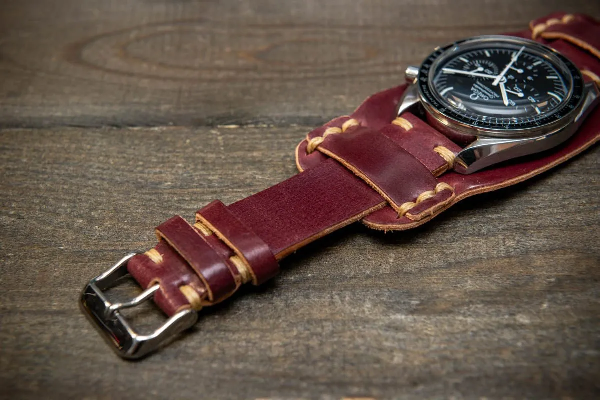 Bund-style Shell Cordovan watch strap, Aviator model. Handmade in Finland, 10-26 mm.