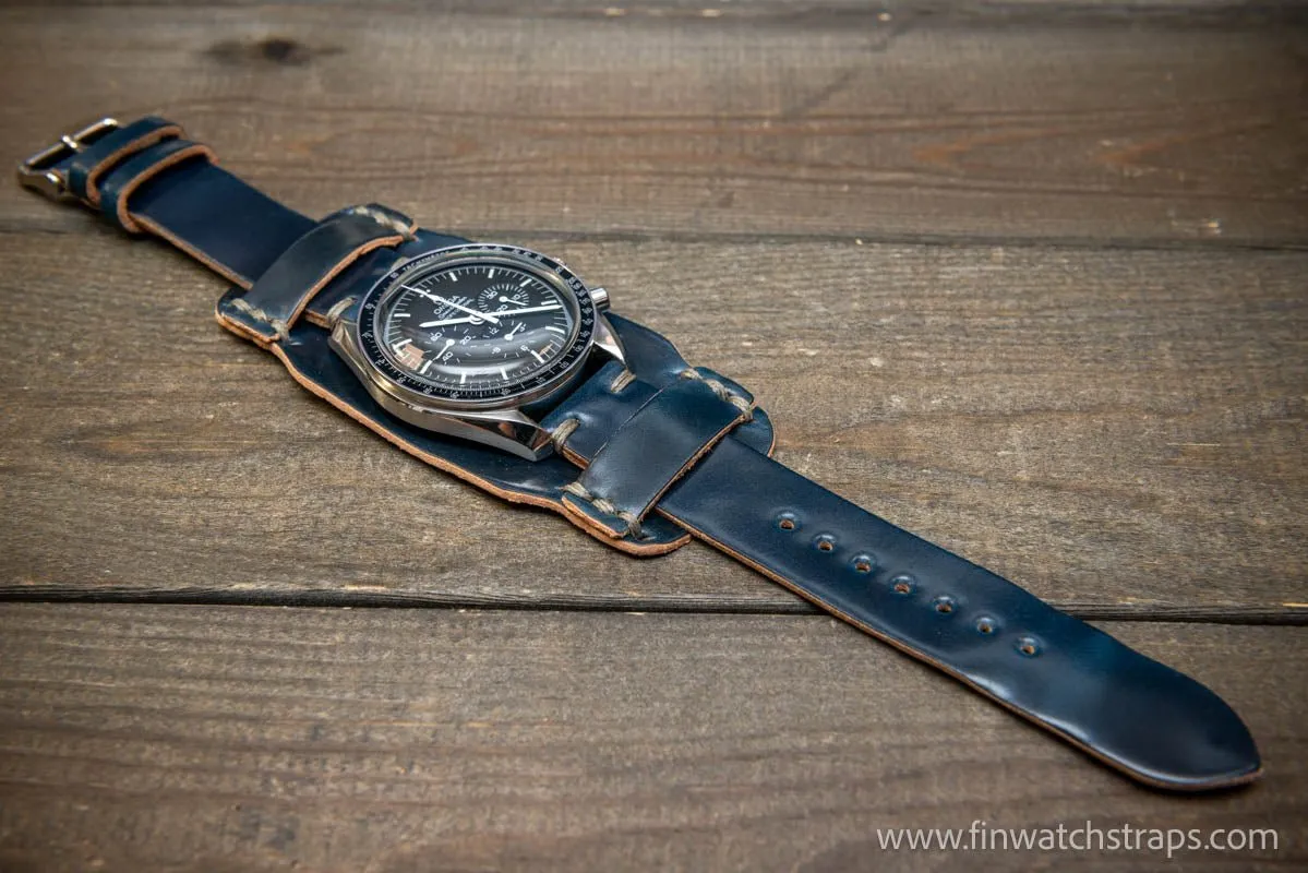 Bund-style Shell Cordovan watch strap, Aviator model. Handmade in Finland, 10-26 mm.