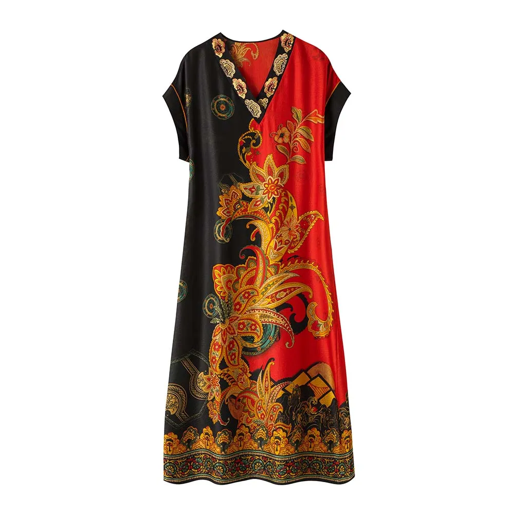 Burgundy Baroque Silk Dress – Luxe V-Neck Design