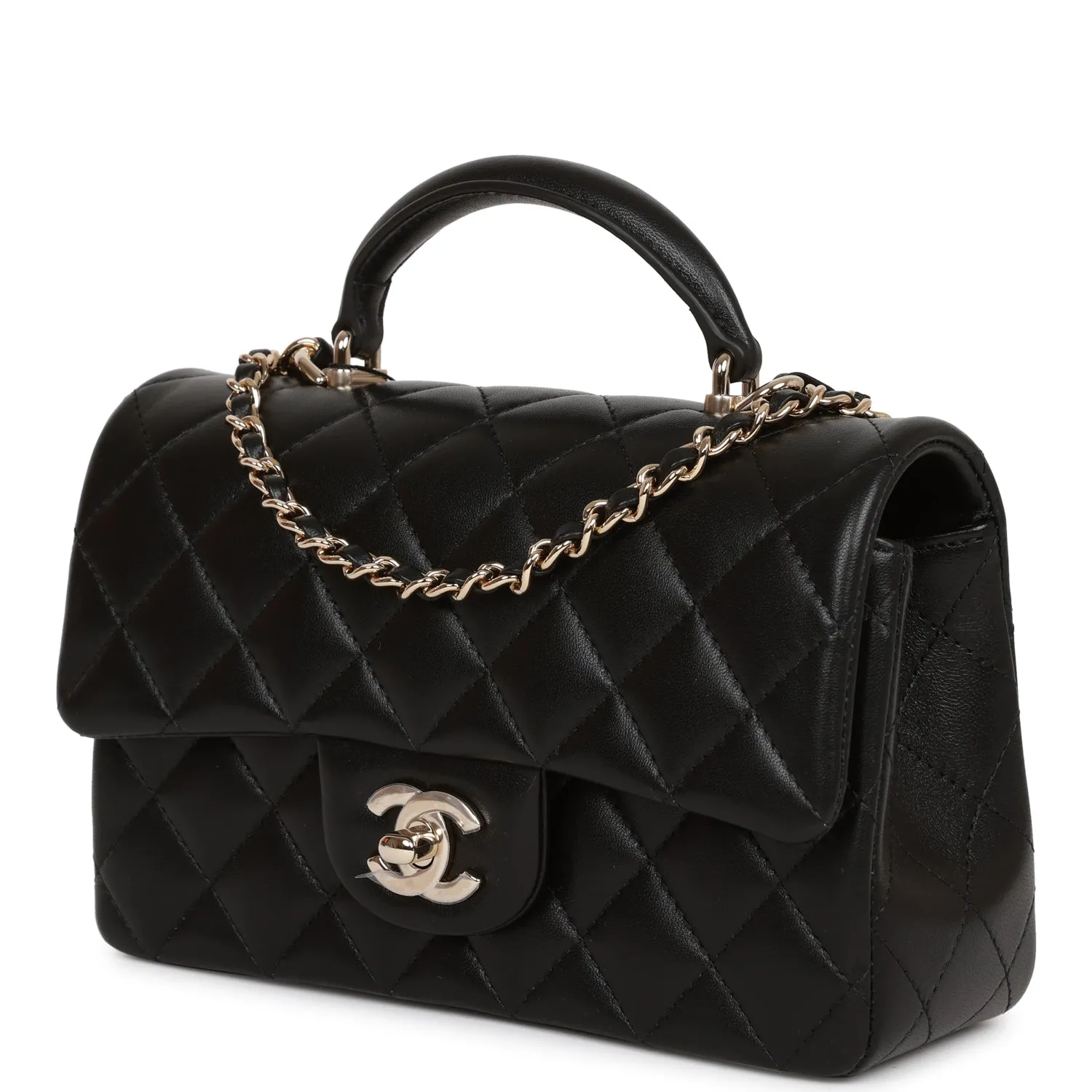 Chanel Mini Rectangular Flap Bag with Top Handle Black Lambskin Light Gold Hardware